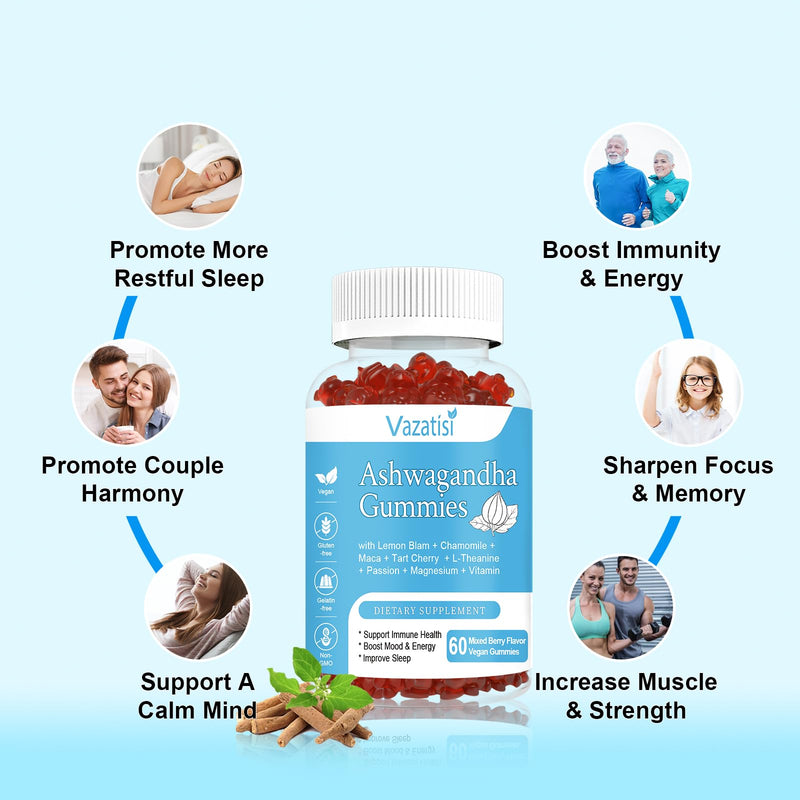 2 Pack Ashwagandha Gummies for Women Men, Sugar Free Organic Ashwagandha Gummies Supplement for Relax Restore Balance, Vegan Gluten Free, 120 Count 60 Count (Pack of 2)