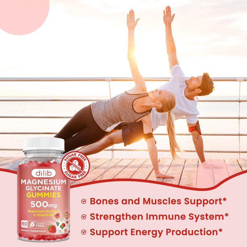 Magnesium Glycinate Gummies 500mg - Magnesium Supplement with Vitamin B6 for Adults & Magnesium for Kids - Calm Magnesium for Sleep, Mood, Muscle Support - Strawberry Flavor, 60 Gummies 60 Count (Pack of 1)