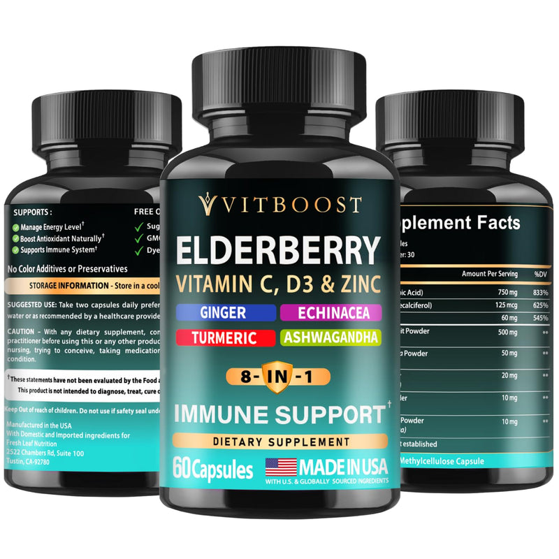 Elderberry Immune Support Supplement 8-in-1 Formula with Echinacea, Vitamin C & Zinc, Vitamin D 5000 IU, Turmeric, Ginger, Ashwagandha ‚Äì 60 Capsules 60 Capsules (Pack of 1)