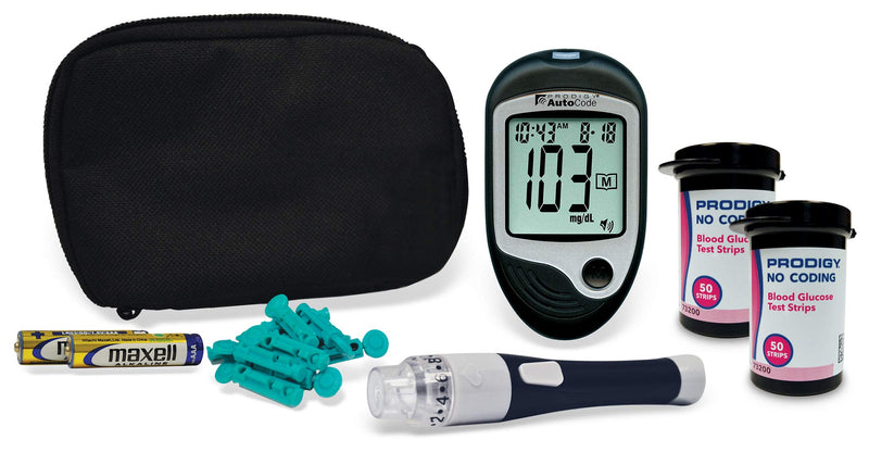 Prodigy Glucose Monitor Kit - Includes Prodigy Meter, 100ct test strips, 10ct Lancets, Lancing device, Carrying Case, Log Book - BeesActive Australia