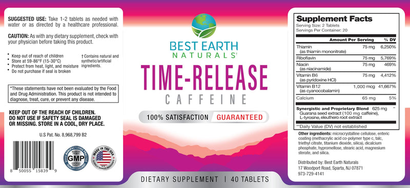 Best Earth Naturals Time Release Caffeine with L-Tyrosine, Vitamin B6, Vitamin B12, Thiamin & More - Energy Supplement for Women and Men - 40 Count