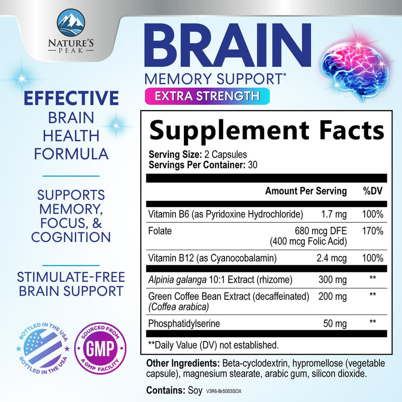 Brain Memory Supplement Pills - 3X Strength Nootropics for Concentration, Clarity & Focus Support - Brain Health Cognitive Vitamins B6 B12 with Folate & Phosphatidylserine, Brain Booster, 60 Capsules 60 Count (Pack of 1)