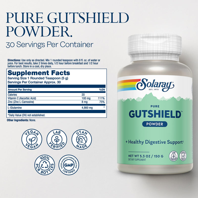 SOLARAY GutShield Powder, 150 g | Gut Health & Immune Support, L Glutamine, Vitamin C & Zinc, Lab Verified