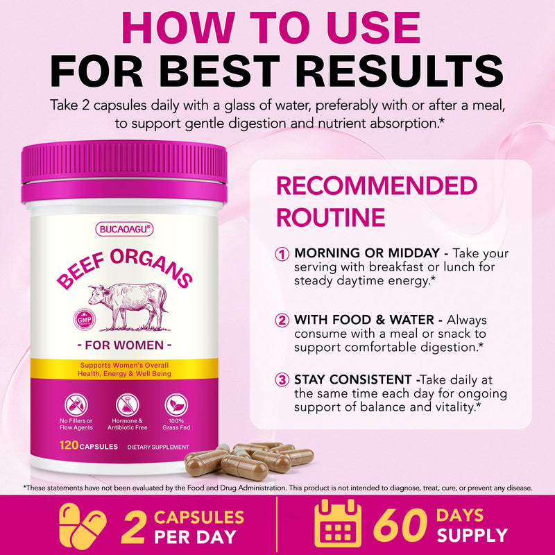 Beef Organ Supplement for Women, Liver Heart Kidney Blend, 120 Capsules | 100% Grass Fed, Lab Tested
