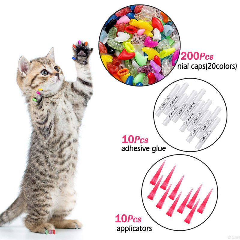 Pack of 200 cat nail covers, claw protection for cats, dogs, colorful soft claws, kitten nail caps, cat nail covers, nail plugs with adhesive adhesives, applicators with instructions for pets - BeesActive Australia