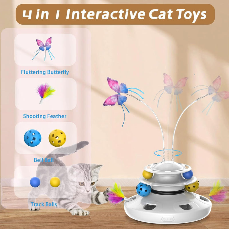 Cat Toys - 4in1 Rechargeable Automatic Cat Toy Interactive Kitten Toy Whack a Mole Fluttering Butterfly Ambush Feather Track Balls Toys Rechargeable Feather Toys Indoor Exercise Kicker White - BeesActive Australia