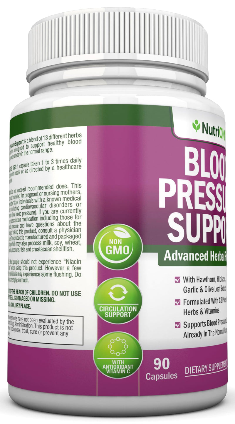 Blood Pressure Support Supplement - 13 Herbs & Vitamins - with Hawthorn, Hibiscus, Garlic & Olive Leaf Extract - Natural Supplement for Women & Men - High Strength Capsules - Non-GMO - 90 Day Supply