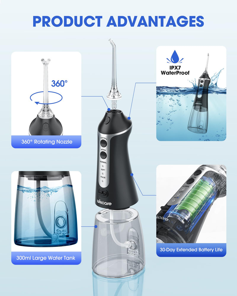 Water Dental Flosser, Portable Oral Irrigator with 300ML Water Tank, IPX7 Waterproof, Rechargeable, 4 Modes for Deep Teeth Cleaning, Travel-Friendly (Black) Black - BeesActive Australia