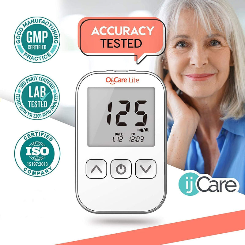 Oh’Care Lite Blood Sugar Test Kit – Blood Glucose Meter with Strips and Lancets, Lancing Device, Log, and Case - One Touch Eject Glucometer (50 Strips & 50 Lancets)