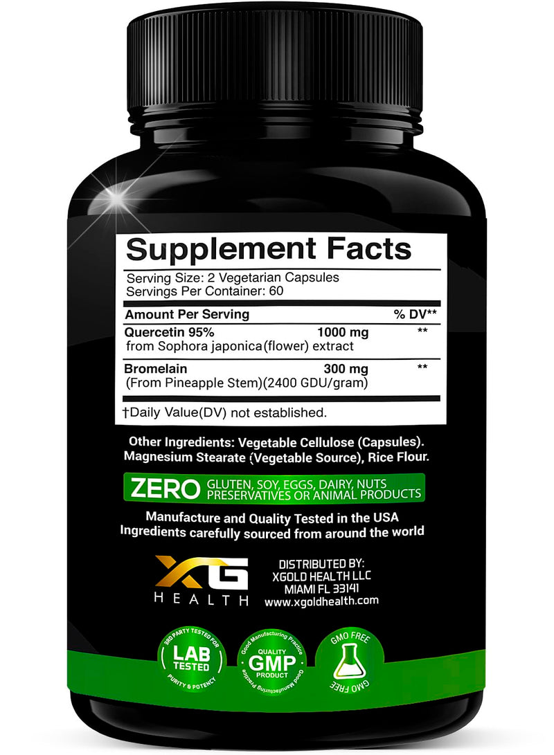 Quercetin + Bromelain 1,300mg – Quercetin: 95% - Highly Purified and Highly Bioavailable Plus Bromelain 2,400 GDU/g - Made in USA | 120 Caps - BeesActive Australia