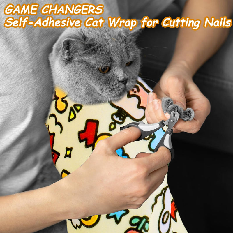 BABORUI Cat Grooming Wrap for Cutting Nails - Self-Adhesive Cat Swaddle Wrap with Nail Clipper, Anti-Scratch Cat Burrito Wrap for Nail Trimming, Cat Grooming Supplies XL Yellow - BeesActive Australia