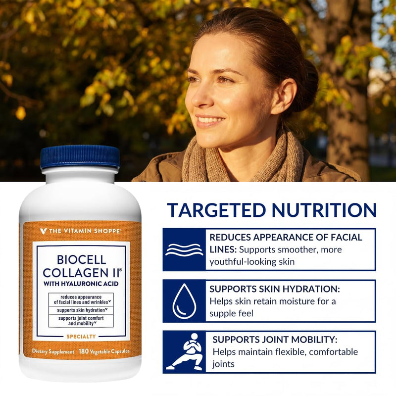 The Vitamin Shoppe Brand BioCell Collagen Capsules, 1000 mg, 180 Capsules | Hyaluronic Acid, 1000 MG Collagen per Serving, Supplement for Men and Women, Supports Daily Wellness, Gluten Free, Non GMO 180 Count (Pack of 1)