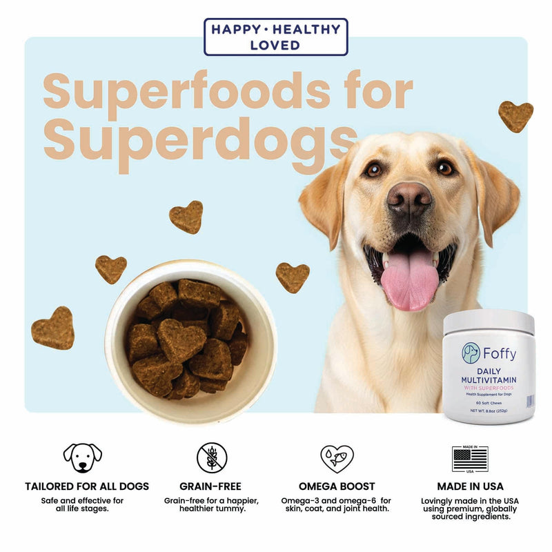 Foffy Daily Hip & Joint Multivitamin Soft Chew for Dogs with Superfoods, Probiotics, Plant-Based Omegas, kollaGen II-xs - Calms Skin, Reduces Inflammation, Improves Mobility & Promotes Longevity