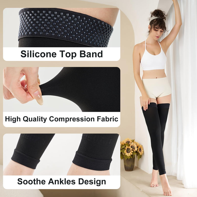 Medical Thigh High Compression Socks Footless for Women and Men (Pair), 15-20 mmHg with Silicone Dot Band, Medical Compression Stockings for Varicose Veins M BLACK