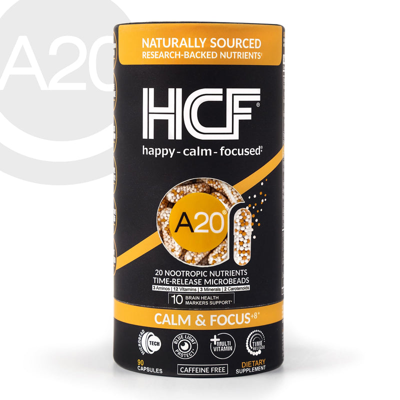 HCF A20 Microbead Brain Health Supplements for Adults for Memory, Focus, Calm, Mood, Alertness, Attention, Vision, Sleep, Immune System, 20 Premium Nootropic Nutrients Multivitamin & 7 Advances® Tech 90 Count (Pack of 1)