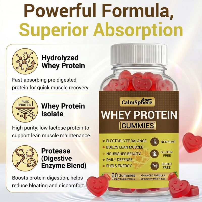Whey Protein Gummies for Women & Men - 10g Sugar Free High Protein Gummies - Clean Hydrolyzed Whey Protein Isolate Supplement for Muscle Recovery - Strawberry Milk, 60 Ct