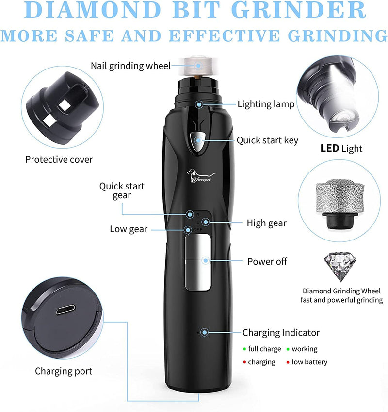 Pet Nail Grinder with LED Light & 2 Grinding Heads, 2-Speed Low Noise & More Powerful Dog Nail Grinder, Pet Nail Trimmer File, Painless Paw Claw Care, Quiet Toenail Grooming Tool for L/M/S Dogs/Cats Black (with LED Light) - BeesActive Australia