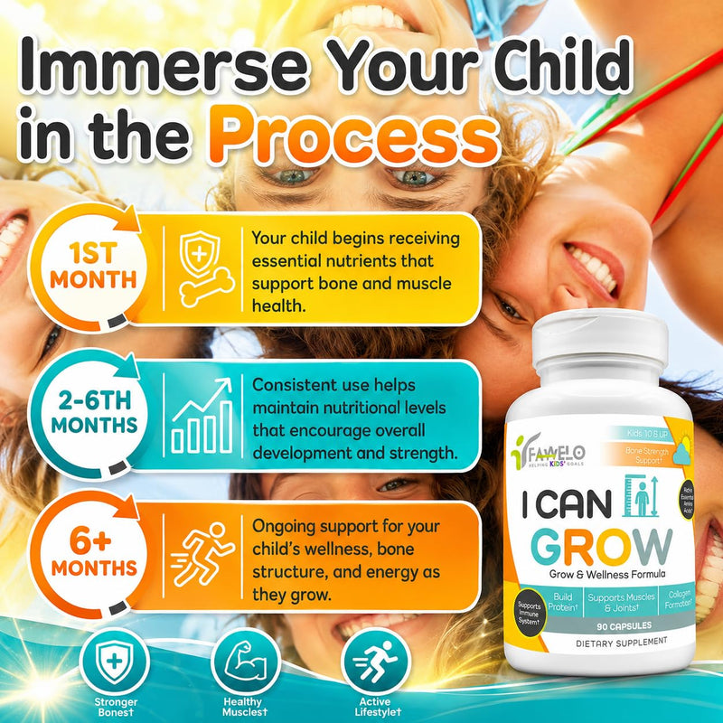 I Can Grow Day-Time Growth Support for Kids 10+ & Teens, 90 Capsules | Bone and Muscle Strength, Focus Support with L-Arginine, L-Ornithine, L-Glycine, Colostrum, Calcium, D3, Magnesium, Zinc
