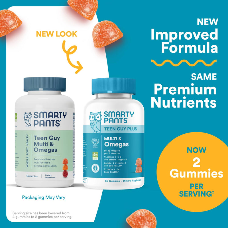 SmartyPants Teen Guy Multivitamin Gummies - Improved Formula: Omega 3 (DHA/EPA), Vitamin D3, C, Vitamin B12, B6, A, K & Zinc, Folate, Gluten Free, Fruit Flavor, 60 Count (30 Day Supply) New Formula - BeesActive Australia