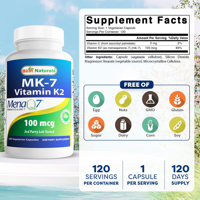 Best Naturals MK-7 Vitamin K2 100 mcg 120 Vcaps