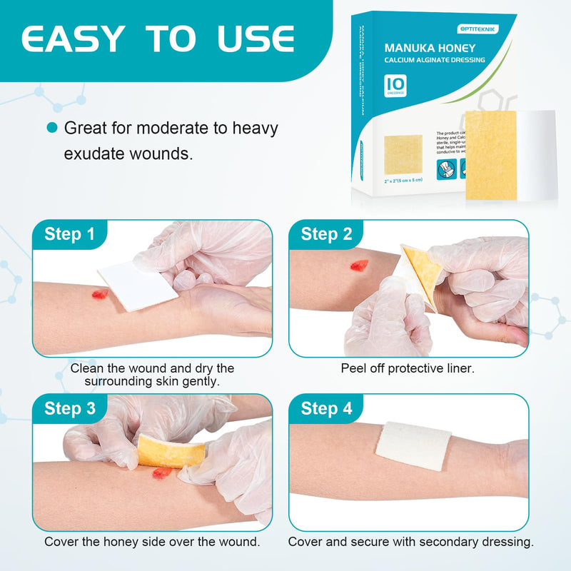 Manuka Honey Calcium Alginate Wound Dressing 2"x2" Pack of 10, Medical Grade Manuka Honey Wound Care Bandages High Absorbency Patches for Wounds - BeesActive Australia