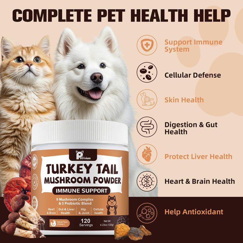Mushroom Supplement with Probiotics for Dogs & Cats, Turkey Tail Mushroom for Pets - Mushroom Powder for Immune Boost & Overall Health- Partner Guard for Dogs Lumps and Bumps 2 Pack 2-Pack
