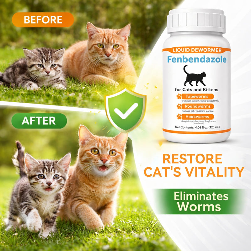 Cat Dewormer Liquid for Cats & Kittens, Fenbendazole Broad Spectrum for Tapeworms, Roundworms & Hookworms, Supports Intestinal Health, 120ml