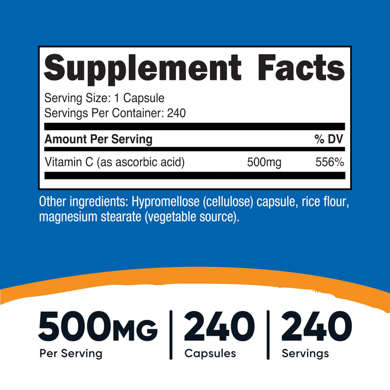 Nutricost Vitamin C 500mg, 240 Capsules, Vegetarian, Gluten Free & Non-GMO 240 Count (Pack of 1)