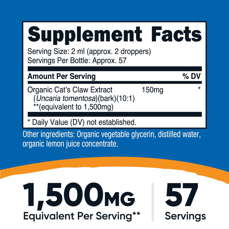 Nutricost Organic Cat's Claw Liquid Drops 3.8 Fl Oz for 57 Servings - Uncaria Tomentosa, USDA Organic, Vegan-Friendly, GMO-Free, Gluten-Free