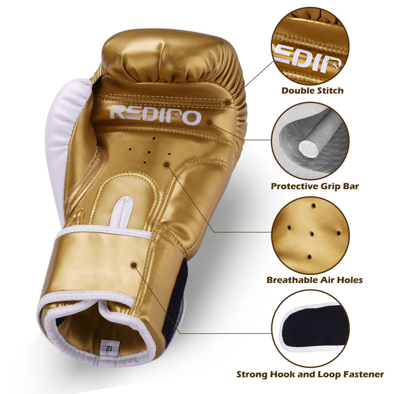Boxing Gloves for Men & Women, Premium Leather Sparring Heavy Bag Training Gloves, Pro Punching Bag Gloves for Muay Thai, Kickboxing, MMA 14OZ Gold