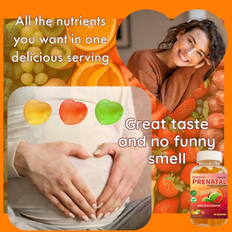 Prenatal Gummies for Women - Vegan Halal Prenatal & Postnatal Multivitamin with Folate, DHA, Iron & Biotin - Supports Healthy Pregnancy, Postpartum Energy & Hair Health 90 Count Orange & Strawberry 90 Count (Pack of 1)