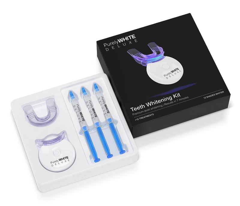 PurelyWHITE DELUXE Teeth Whitening Kit, Complete LED Teeth Whitening, 15+ Treatments, (3) 3ml Whitening Gel Syringes, Whiter Smile in 7 Minutes - BeesActive Australia