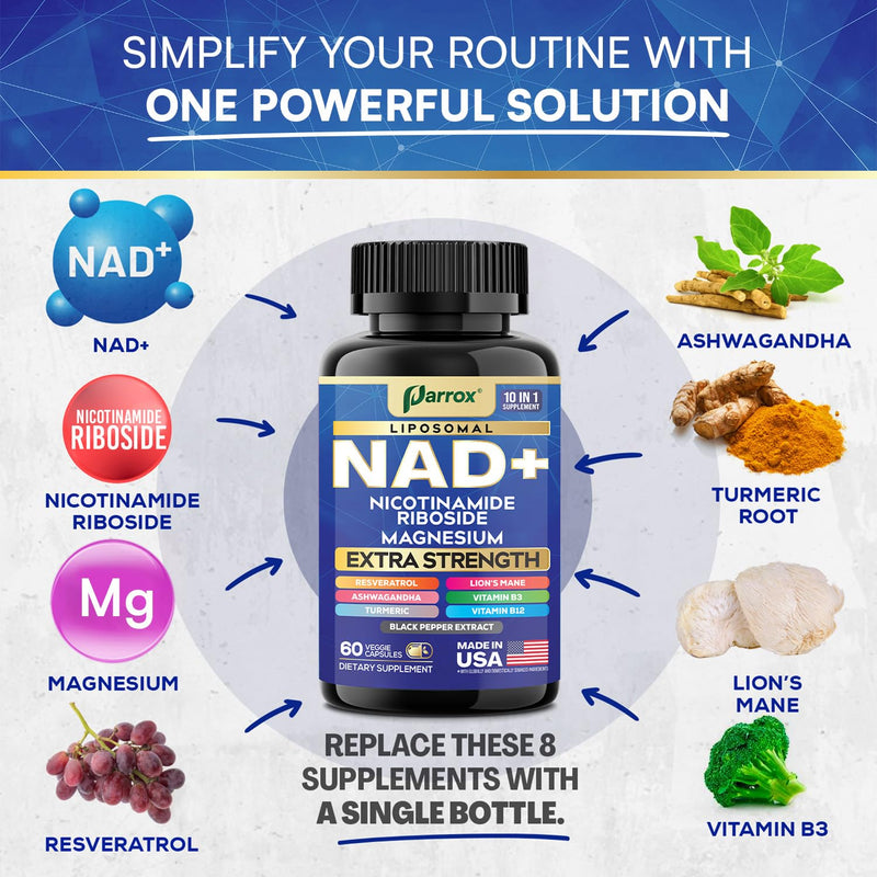 NAD+ Supplement, Liposomal Nicotinamide Riboside, 10-in-1, 60 Capsules | Nicotinamide Riboside, Magnesium, Vitamins B3 & B12, Resveratrol, Turmeric, Ashwagandha & Lion's Mane 60 Count (Pack of 1)