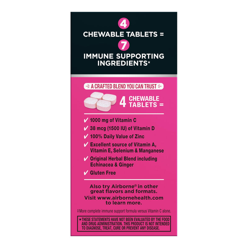 Airborne Very Berry Chewable Tablets, 32ct | Immune Support Supplement with 1000mg Vitamin C + Vitamins A, D, E, Zinc,Selenium, & Manganese | Herbal blend | Gluten Free