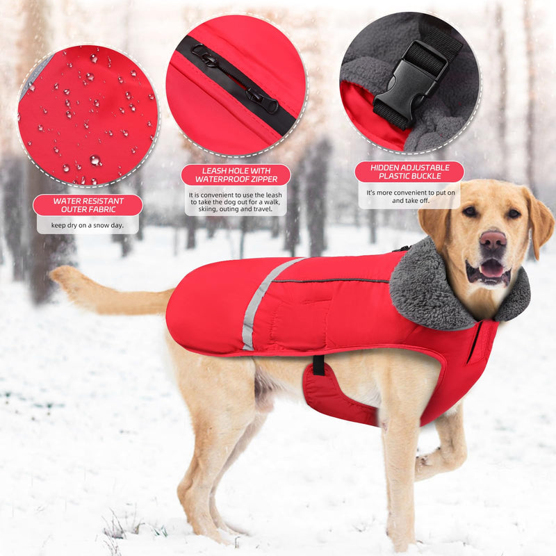 Doglay Dog Coat, Waterproof Dog Jacket Dog Winter Coat for Cold Weather with Thicken Furry Collar, Reflective Dog Winter Jacket Warm Fleece Lining, Dog Snow Coat for Small Medium Large Dogs XL(Chest : 24.41-33.46" , Back : 19.68") Red - BeesActive Australia