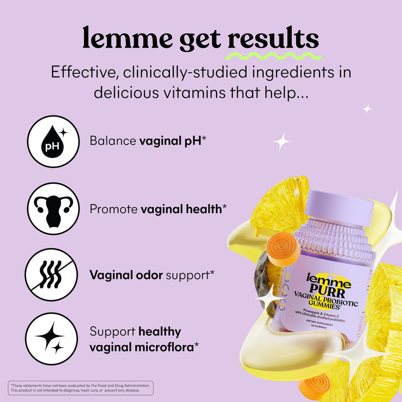 Lemme Purr Vaginal Probiotic Gummies for Women (60 Gummies) (Pack of 2) | Balanced pH, Healthy Odor, Yeast Balance & Flora Support + Vitamin C for Immune Health - Tasty Pineapple 60 Count (Pack of 2)