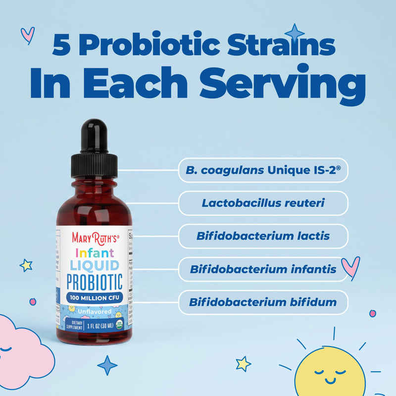 MARYRUTH'S Organic Infant Liquid Probiotic for Ages 6-12 Months, Vegan, 1oz | 100 Million CFU, 5 Probiotic Strains, Proprietary Probiotic Blend, USDA Organic, Vegan