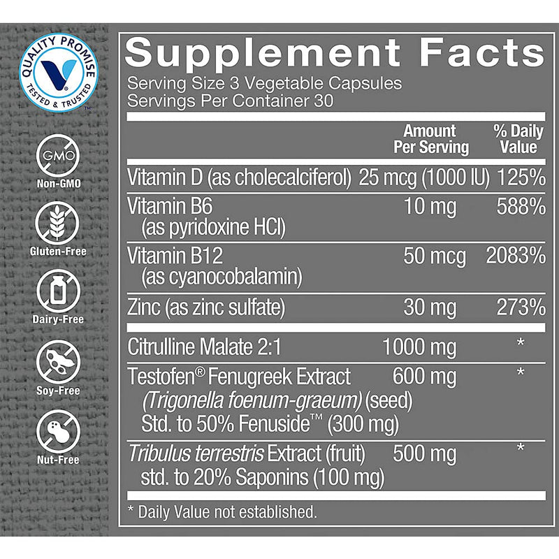 The Vitamin Shoppe Testosterone Booster - Male Vitality Performance & Energy | Tribulus Fenugreek Blend | 90 Veggie Caps | Men's Health