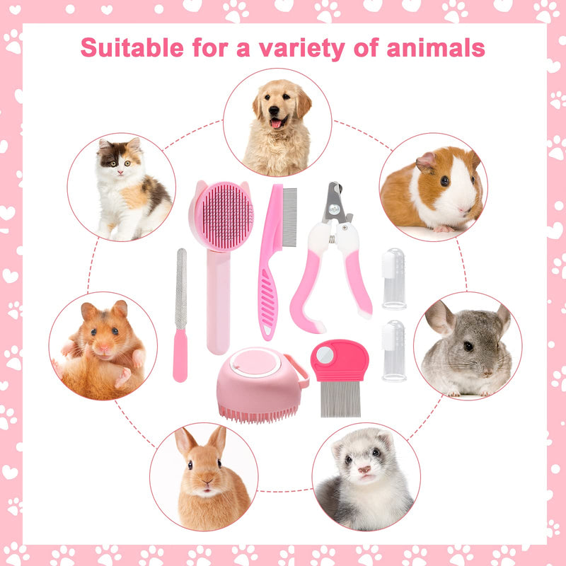 VCZONE 8 Pcs Cat Brush Grooming Kits, Pet Self Cleaning Kit with Pet Nail Clipper and File, Flea Comb, Pet Shampoo Bath Brush, Pet Shedding Brush, Silicone Toothbrush (Pink) Pink - BeesActive Australia