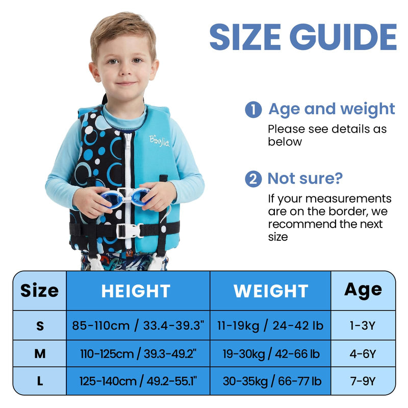 Boglia Toddler Swim Vests Jackets for Kids 20-30/30-50/50-90 Lbs 2 3 4 5 6 7 8 9yrs Infant Flaotie Boys Girls Pool Vest Neoprene Swimming Body Glove Float Vest PFD Learn to Swim Bubble Blue Black L(Age Recommend 7-9 Years)