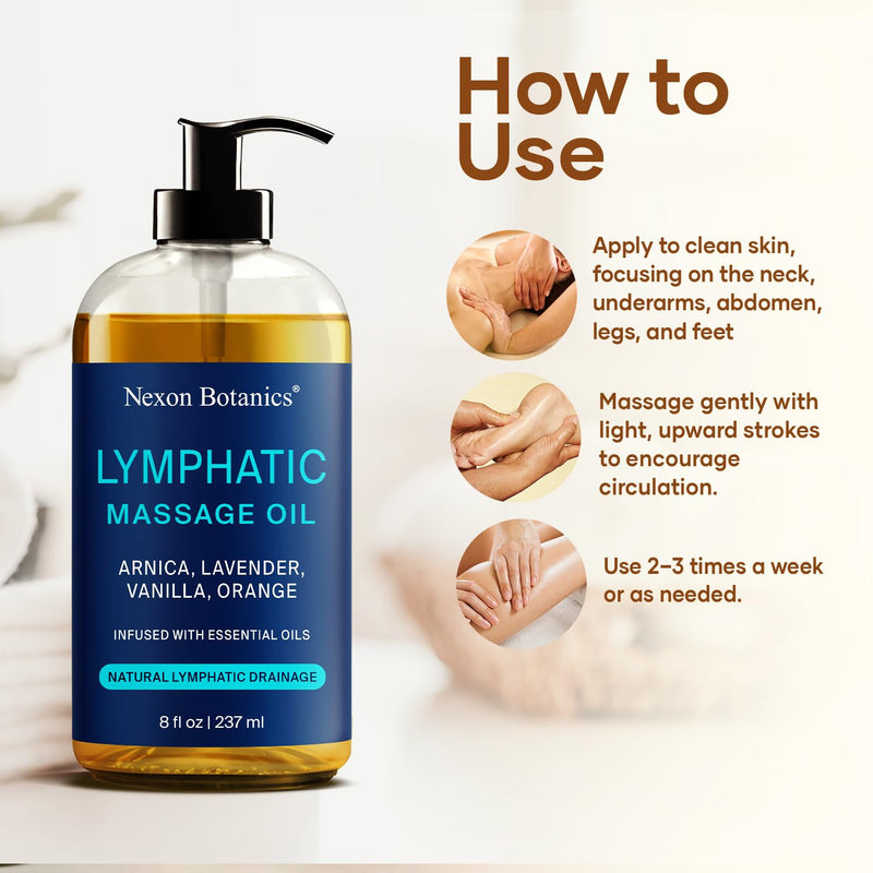 Lymphatic Drainage Massage Oil for Massage Therapy 8 fl oz - Refreshing and Relaxing - Natural Oils with Arnica, Vanilla and Lavender Oil - for Men and Women - Nexon Botanics Lymphatic 8 Fl Oz (Pack of 1)