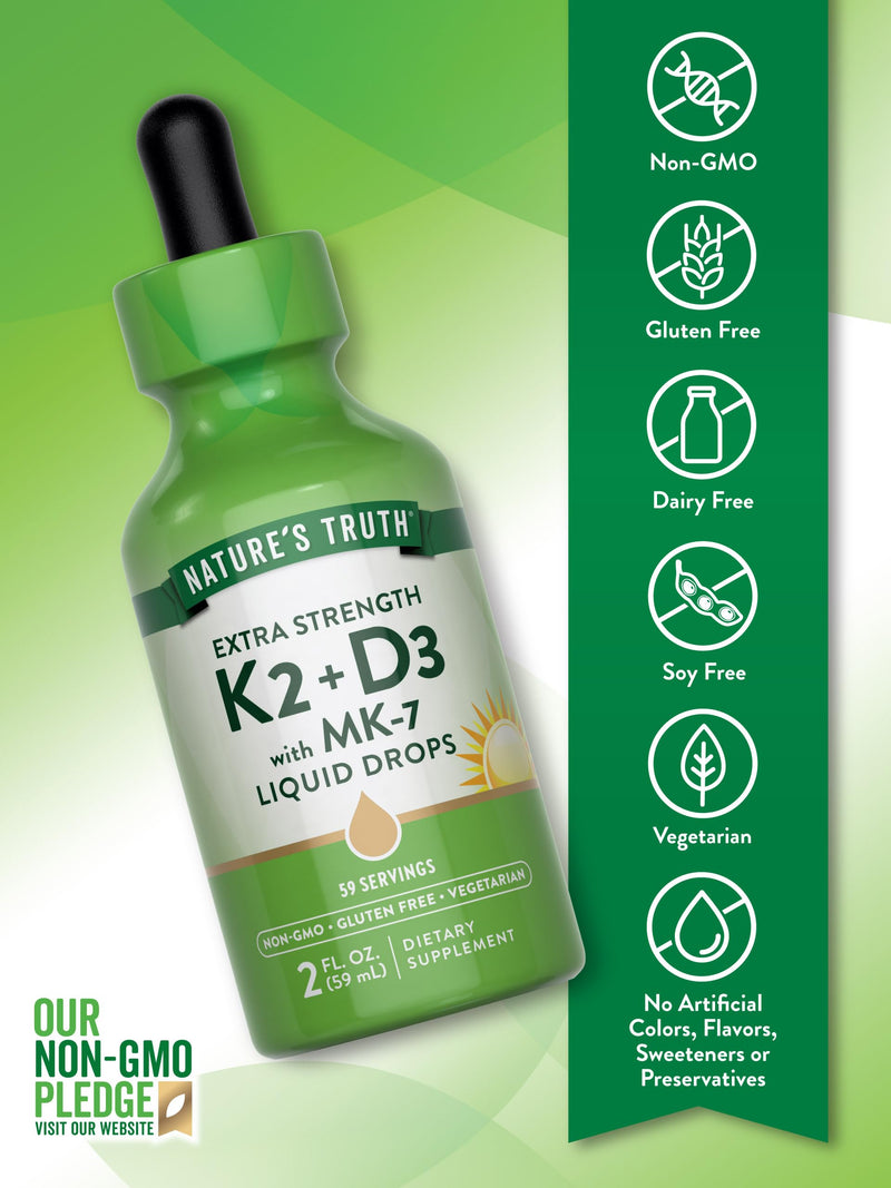 Nature's Truth Vitamin D3 K2 Liquid Drops | with MK-7 | 2 Fl Oz | Vegetarian, Non-GMO & Gluten Free Supplement | Essential Support