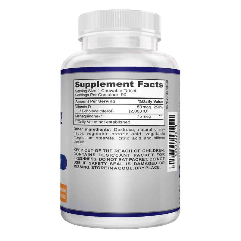 Vitamin D3 + K2 2000IU Chewable for Bone Health Support, 90 Vegetarian chewable Tablets, up to 3-Month Supply