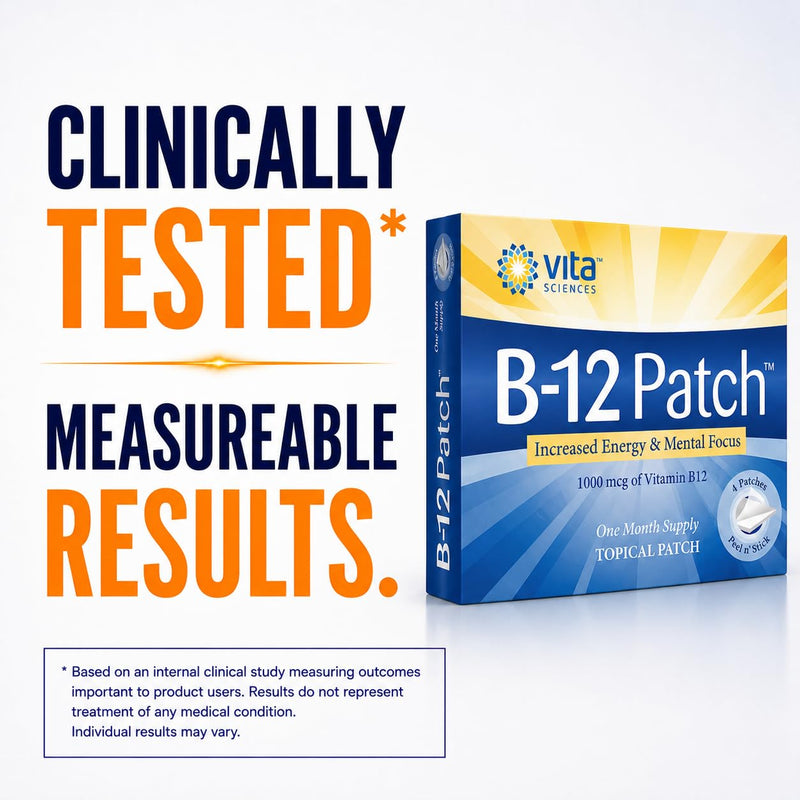 Vita Sciences Vitamin B12 Patch - Extra Strength Formula for Men and Women, 1 Month Supply. Boost Energy, Focus, Memory & Metabolism | 1000 mcg Vitamin B12 Patch for Energy, Focus, Memory, Metabolism & Wellness for Convenient Daily Use.