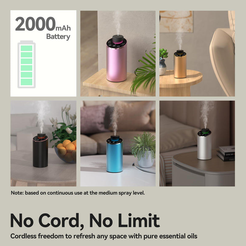 Waterless Essential Oil Diffuser Aromatherapy Scent Diffusers for Home Large Room, Bedroom, Car, Office, Desk, Battery Operated Mini Portable Air Freshener, 3 Countdown Timers & 3 Mist Levels Black - BeesActive Australia