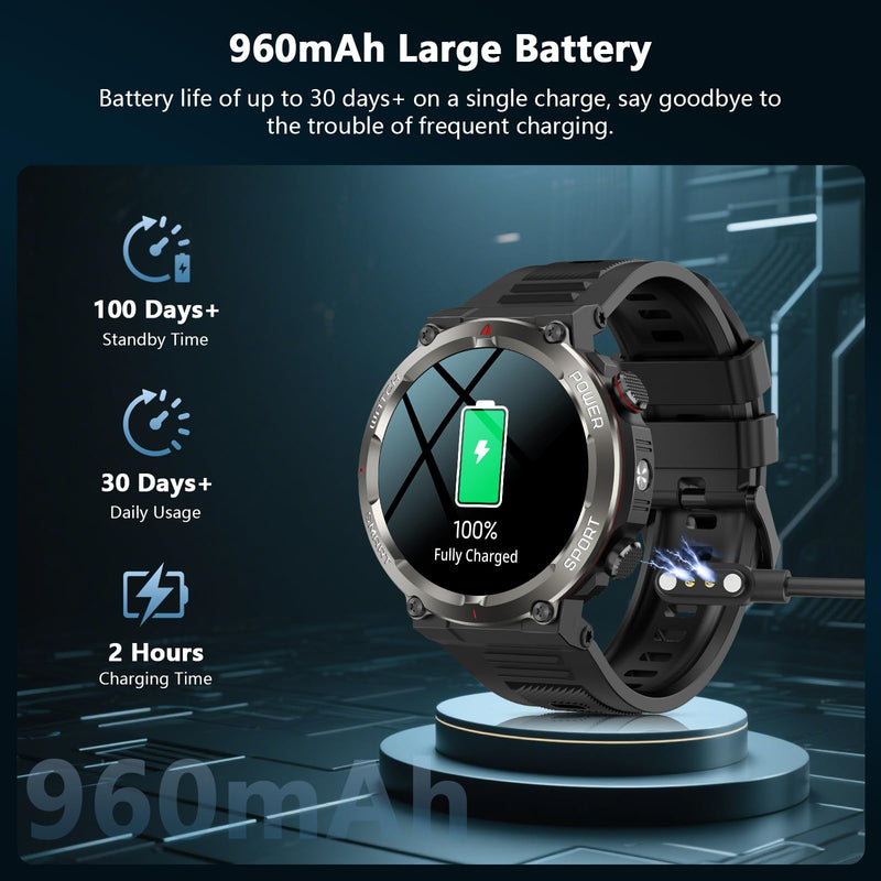 IOWODO Military Smart Watch for Men -100-Day Long Battery Life,Fitness Tracker with LED Flashlight/Compass,Heart Rate Monitor,120+ Sports Modes,IP68 Waterproof,Bluetooth Call Smartwatch for iOSAndroid - BeesActive Australia