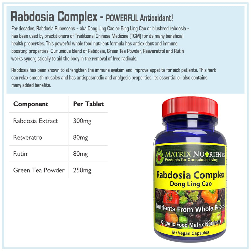 RABDOSIA Complex - Highly Potent Antioxidant for Maximum Cell Protection! - 100% Natural Ingredients: Rabdosia Extract, Green Tea, Resveratrol, Rutin - Vegan Capsules (60ct) 60ct