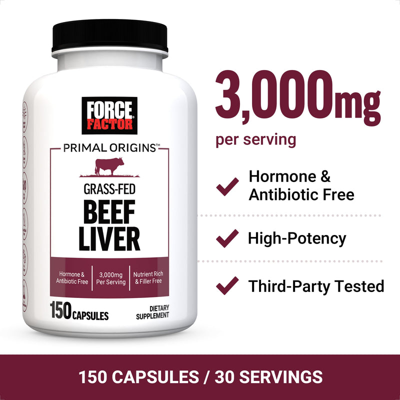 FORCE FACTOR Primal Origins Beef Liver Capsules, Grass Fed Beef Organ Supplement, Pasture-Raised, Hormone & Antibiotic Free, Non-GMO, 150 Capsules - BeesActive Australia