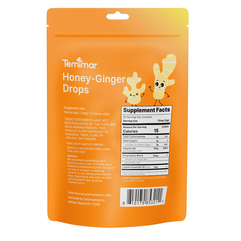 Honey-Ginger Drops for Nausea Relief, Support Upset Stomach & Motion Sickness Relief, Added Ginger & Vitamin B6 for Pregnant Women Morning Sickness, 60 Individually Lozenges Honey-Ginger 60 Count