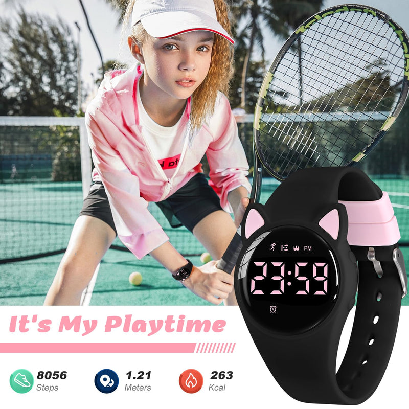 Kids Digital Watches for Girls Boys, Sports Watch with Fitness Tracker, Pedometer, Alarm Clocks, Stopwatch, No App Needed & Waterproof Kids Watch, Gift for Teens Girls Boys Ages 5-14 T6F-BlackPink-Y